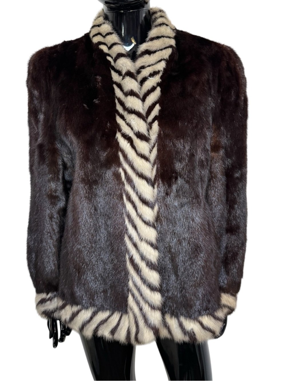 Luxury Genuine Mink Fur Coat Jacket Zebra Pattern Trim Dark Brown Vintage